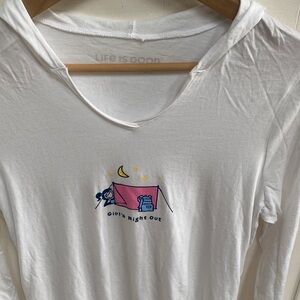 Life Is Good White long sleeve Hoodie with Camping Graphic “girls night out”